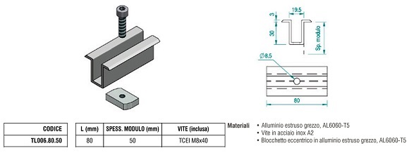 Morsetto Fermapannello Centrale  TL006.80.50 in Alluminio con Spessore Modulo 50 mm + Blocchetto Eccentrico e Vite