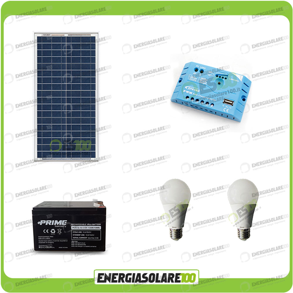 Kit Solare Fotovoltaico Campeggio Scout 30W 12V 12Ah Cellulare Luce LED 7W  Stereo