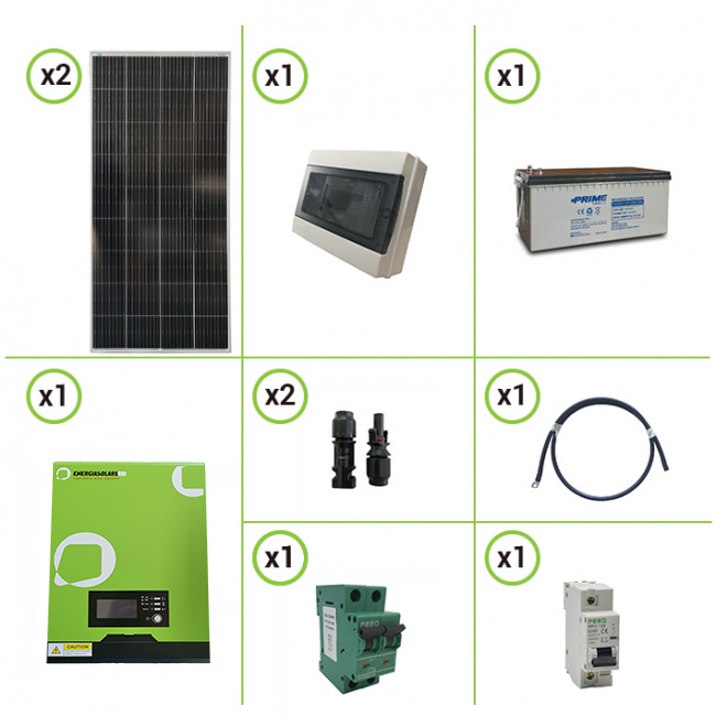 Kit solare fotovoltaico pannelli monocristallini 400W 12V inverter onda pura  Edison10 1KW PWM batteria AGM 200Ah