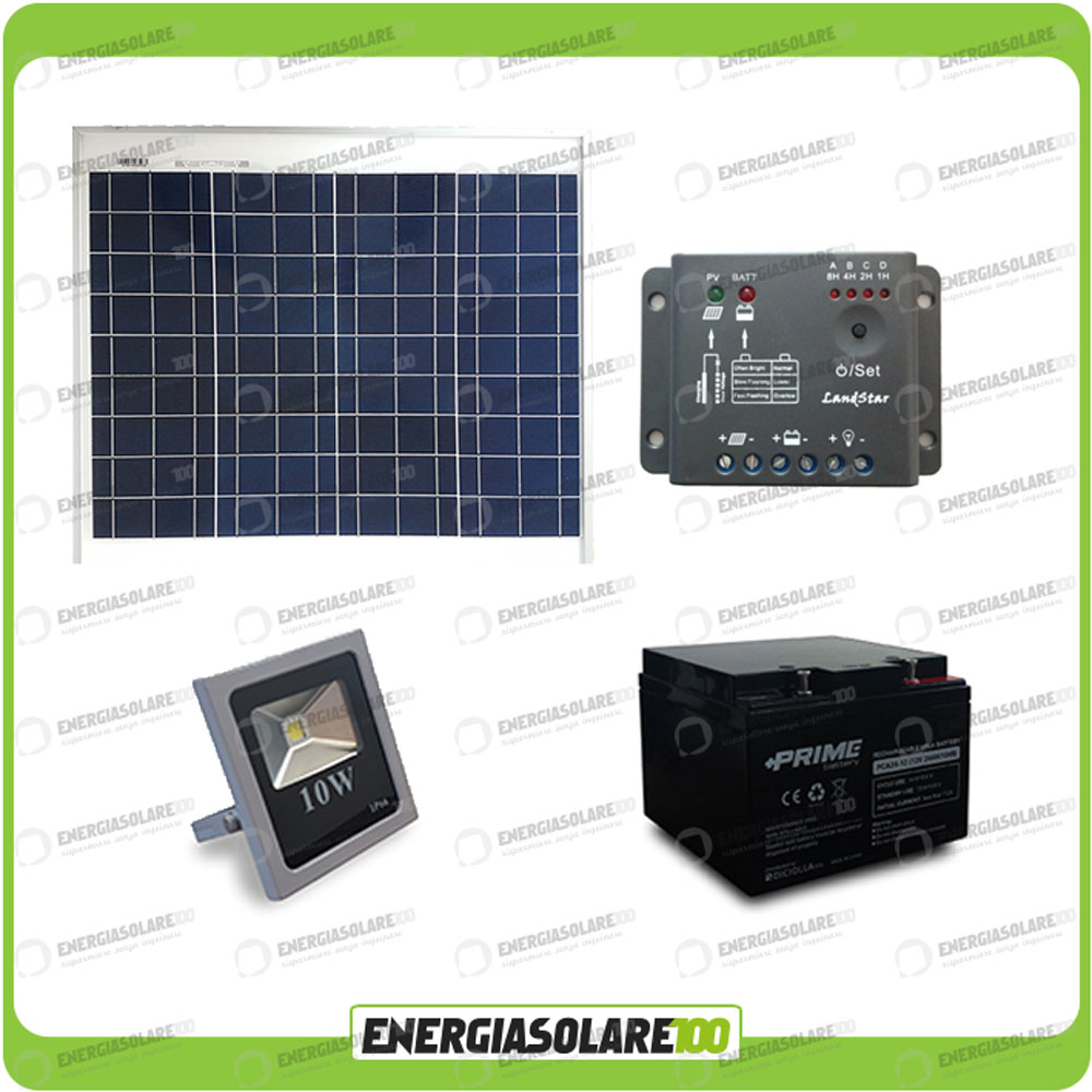 KIT SOLARE ILLUMINAZIONE 30W 12V PER ESTERNI 1 FARETTO LED - AUTONOMIA 8  ORE - Solar Energy Point