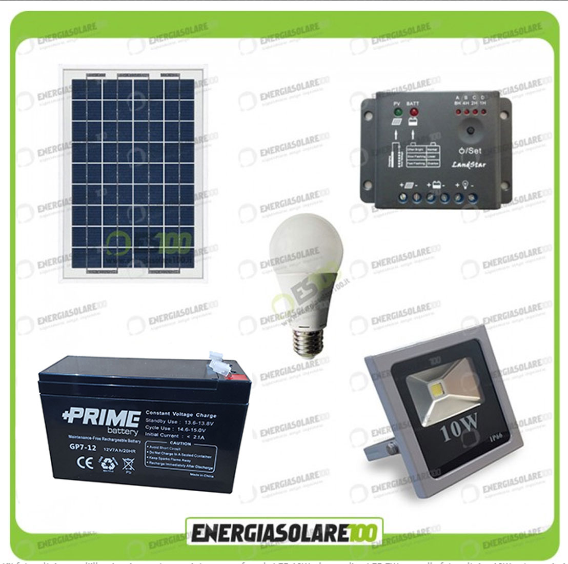 Kit fotovoltaico per l'illuminazione esterna e interna con faro da LED 10W  e lampadina LED 7W pannello fotovoltaico 10W autonomia 1 ora