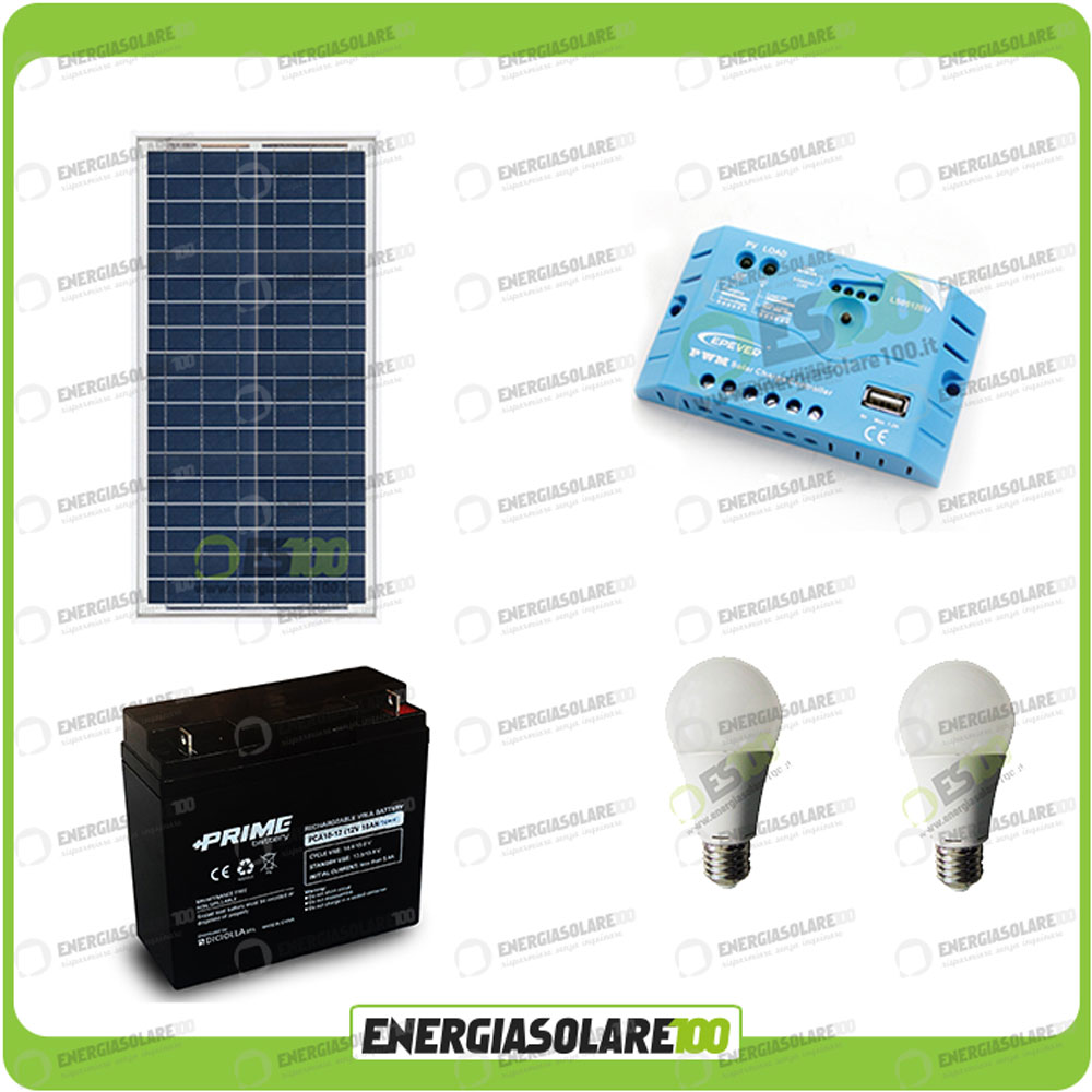 Kit illuminazione solare 50W 12V per 5 ore per stalle o baite con 5 lampade  LED