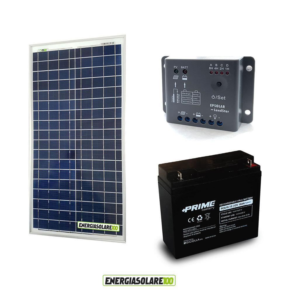 Kit panneau solaire 30W Mono 12V av régulateur 5A et batterie à