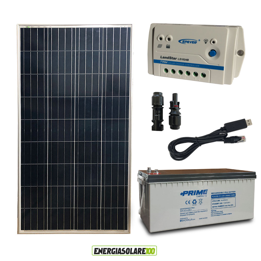 Starter Kit Plus Solar Panel 150W 12V AGM Battery 200Ah Controller PWM 10A  LS1024B RS485 and USB cable