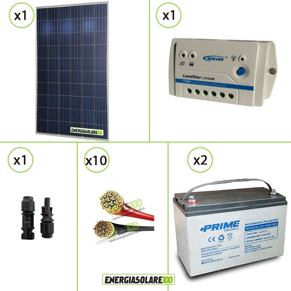 Kit Starter Pro 10W 12V con batteria 7Ah e cavi 2.5mmq PVC Energiasolare100. com